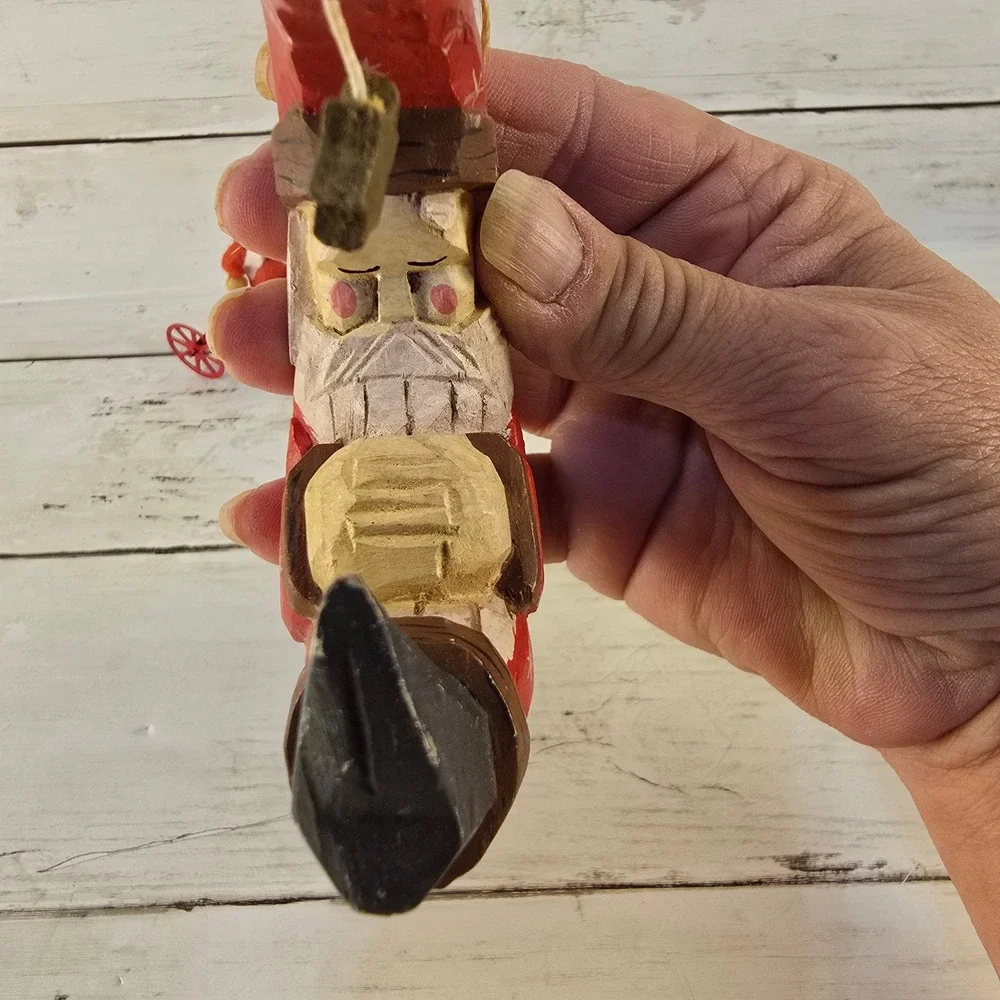 Vintage Christmas Ornament Set Hand Carved Wood Santa Moon and Boy on Tricycle